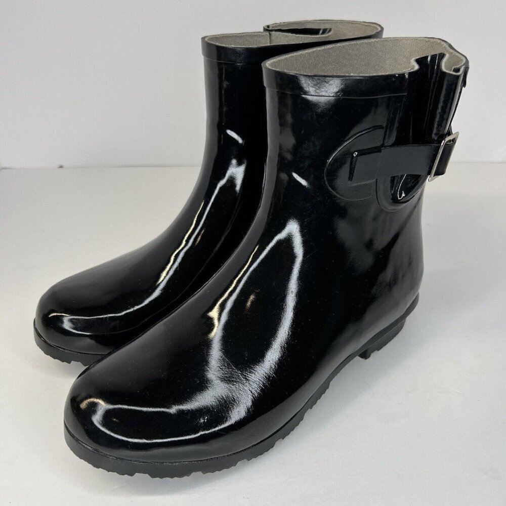 Nomad Dew Waterproof Rain Boots Womens Size 8 Silver Buckle Shiny Solid Black